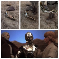 Threepio's severed arm lays along the canyon side. Luke picks it up as he and Ben approach the collapsed droid, who is dented and half buried in the sand.  THREEPIO: "Where am I? I must have taken a bad step..." #starwars #anhwt #starwarstoycrew #jbscrew #blackdeathcrew #starwarstoypix #starwarstoyfigs #toyshelf
